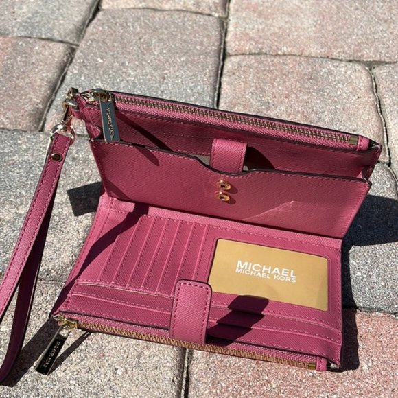 Michael Kors Jet Set Travel Large Double Zip Wristlet Wallet Rosewood Leather - Picture 10 of 16